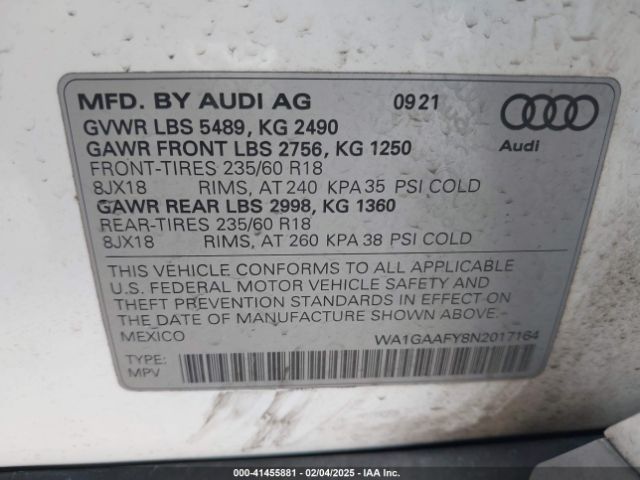 WA1GAAFY8N2017164 Audi Q5 Premium 45 Tfsi S Line Quattro S Tronic