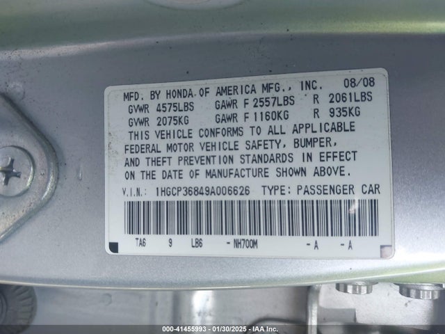 41455993 :رقم المزاد ، 1HGCP36849A006626 vin ، 2009 Honda Accord 3.5 Ex-l مزاد بيع