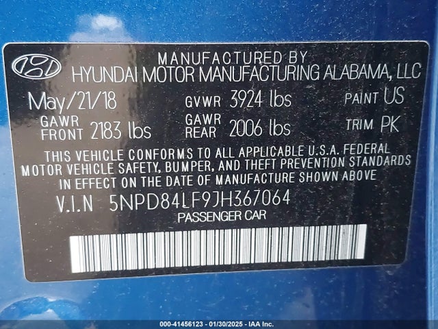 5NPD84LF9JH367064 Hyundai ELANTRA SEL