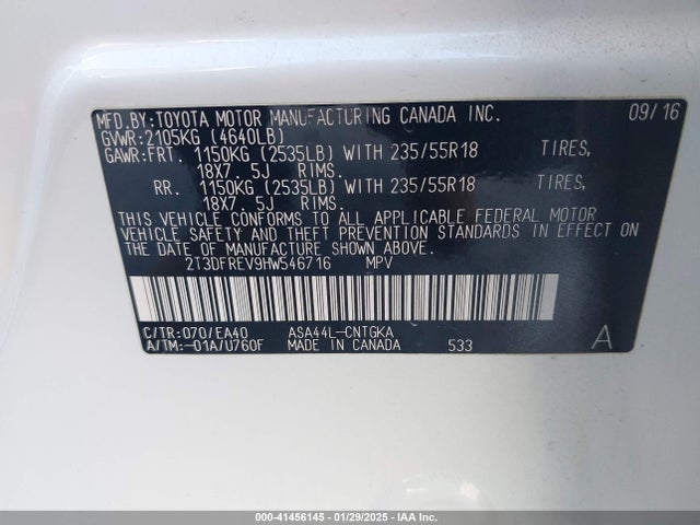 Продаж на аукціоні авто 2017 Toyota Rav4 Limited, vin: 2T3DFREV9HW546716, номер лоту: 41456145