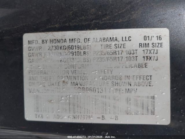 5FNRL5H65GB060131 Honda Odyssey Ex-l