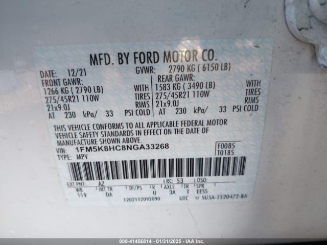 1FM5K8HC8NGA33268 Ford Explorer Platinum