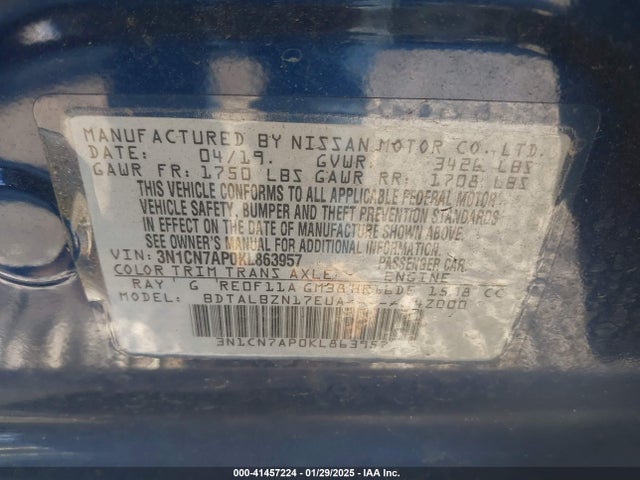 3N1CN7AP0KL863957 Nissan Versa 1.6 Sv