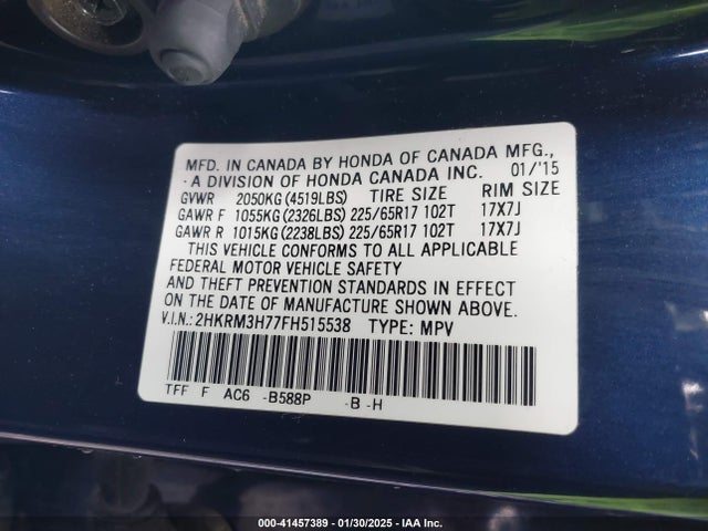 Honda Cr-v Ex-l 2015 2HKRM3H77FH515538 Image 9
