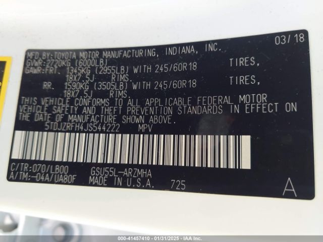 5TDJZRFH4JS544222 Toyota Highlander Xle