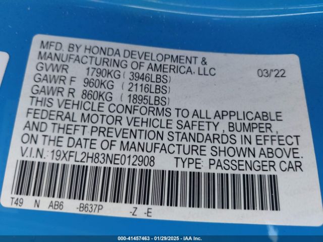 19XFL2H83NE012908 Honda Civic Sport