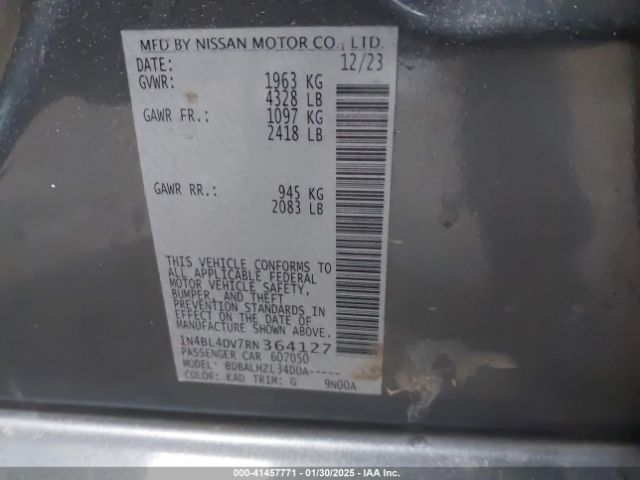 1N4BL4DV7RN364127 Nissan Altima Sv Fwd