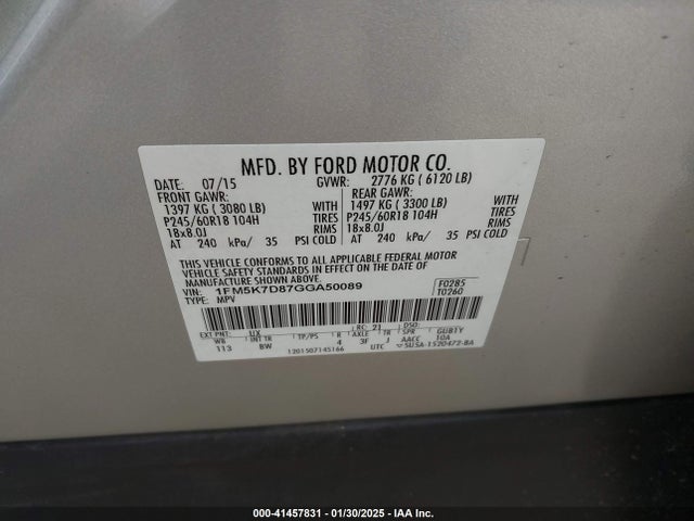 1FM5K7D87GGA50089 Ford EXPLORER XLT