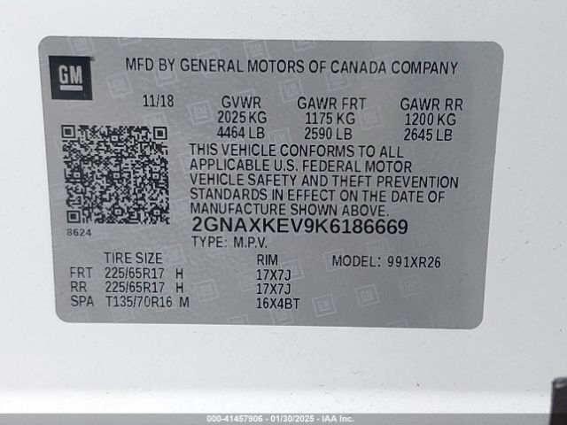 2GNAXKEV9K6186669 Chevrolet EQUINOX LT