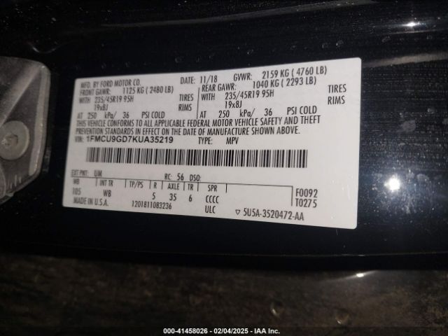 1FMCU9GD7KUA35219 Ford ESCAPE SE