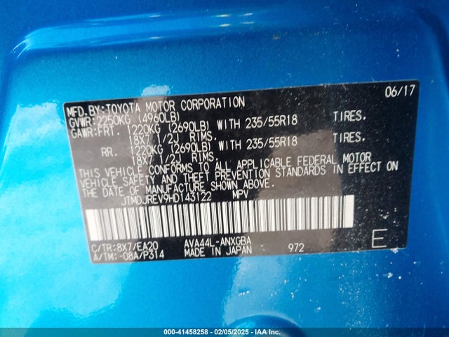 2017 Toyota Rav4 Hybrid Limited მანქანა იყიდება აუქციონზე, vin: JTMDJREV9HD143122, აუქციონის ნომერი: 41458258
