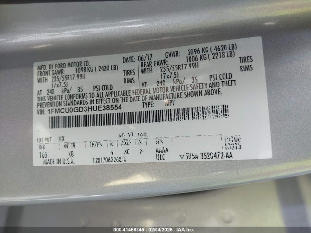 1FMCU0GD3HUE38554 Ford ESCAPE SE