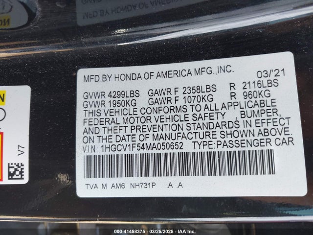 1HGCV1F54MA050652 Honda Accord Ex-l