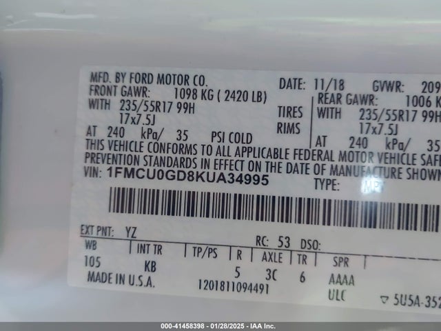 Ford ESCAPE SE 2019 1FMCU0GD8KUA34995 Image 9