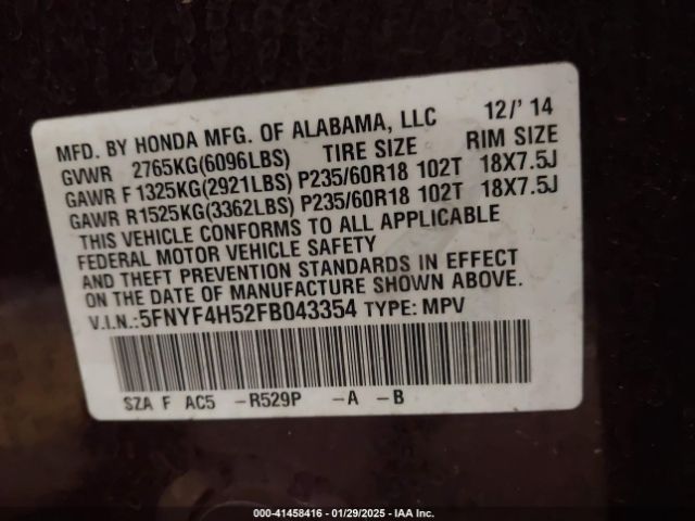 5FNYF4H52FB043354 Honda Pilot Ex-l