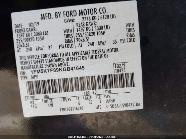 1FM5K7F89KGB41645 Ford Explorer Limited