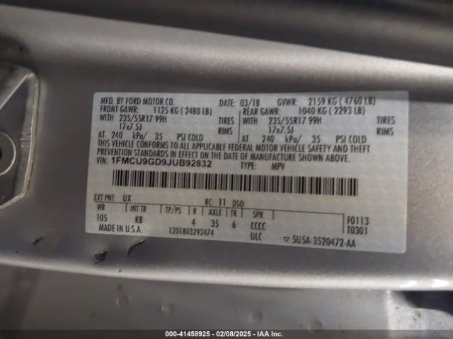 1FMCU9GD9JUB92832 Ford ESCAPE SE