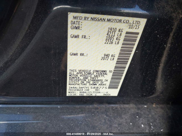 Nissan Altima 2.5 Sv 2015 1N4AL3AP7FC588775 Image 9