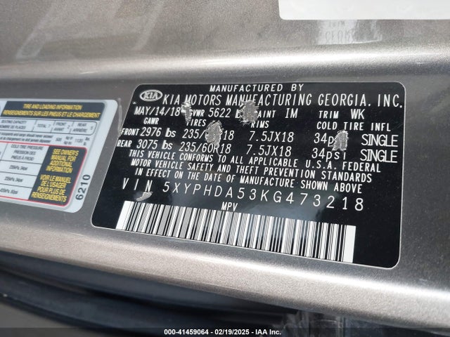 5XYPHDA53KG473218 KIA Sorento 3.3l Ex