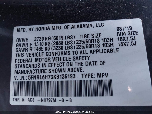 Honda Odyssey Ex-l 2019 5FNRL6H73KB136193 Image 9