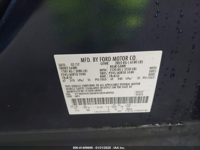 Ford EXPLORER XLT 2017 1FM5K8D89HGD64902 Image 9