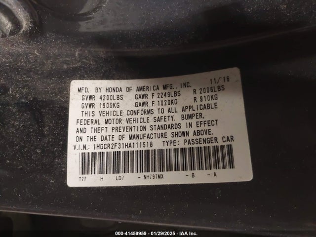 Honda ACCORD LX 2017 1HGCR2F31HA111518 Image 9