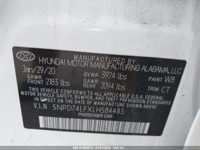 5NPD74LFXLH584483 Hyundai ELANTRA SE