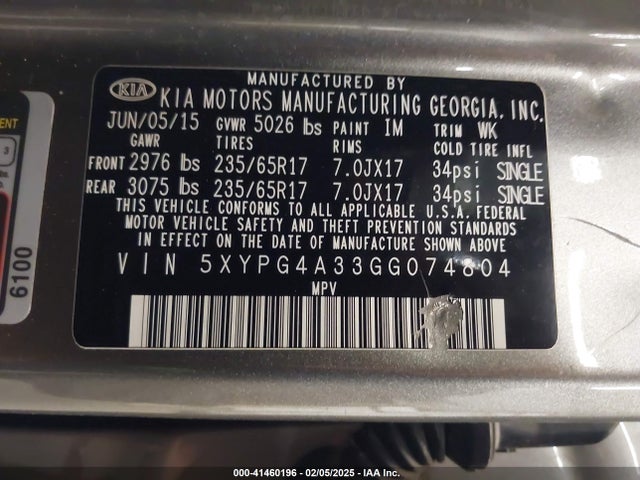5XYPG4A33GG074804 KIA Sorento 2.4l Lx
