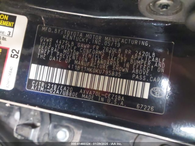 4T1B11HK0KU795835 Toyota CAMRY SE