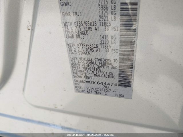 5N1DR2MM3JC644474 Nissan Pathfinder Sv