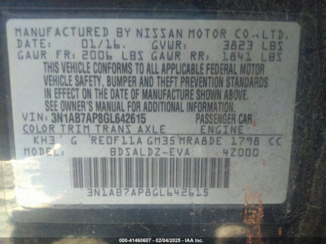 3N1AB7AP8GL642615 Nissan Sentra Fe+ S/s/sl/sr/sv