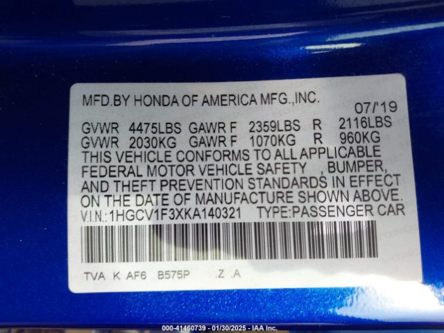 1HGCV1F3XKA140321 Honda Accord Sport