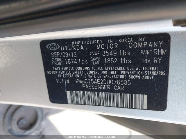 41460750 :رقم المزاد ، KMHCT5AE2DU076535 vin ، 2013 Hyundai Accent Gs مزاد بيع