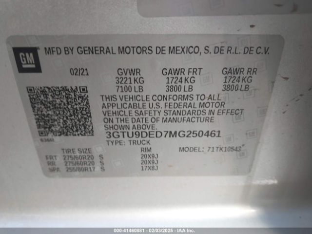 3GTU9DED7MG250461 GMC Sierra 1500 4wd  Short Box Slt