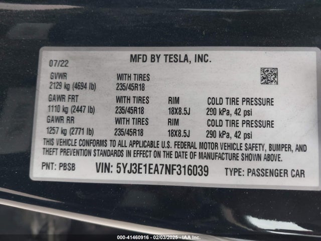 2022 TESLA MODEL 3 5YJ3E1EA7NF316039 Photo 8