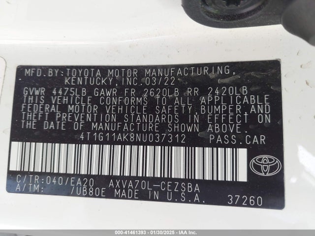 4T1G11AK8NU037312 Toyota CAMRY SE