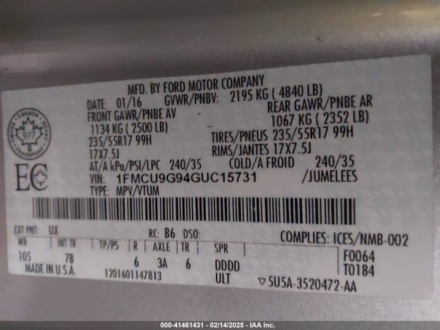 Ford ESCAPE SE 2016 1FMCU9G94GUC15731 Image 9