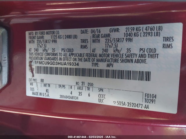 1FMCU9GD3HUA19334 Ford ESCAPE SE