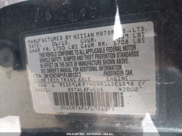3N1CN7AP1FL951373 Nissan Versa 1.6 S