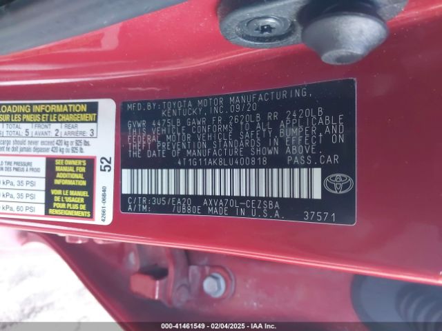 2020 TOYOTA CAMRY 4T1G11AK8LU400818 Photo 8