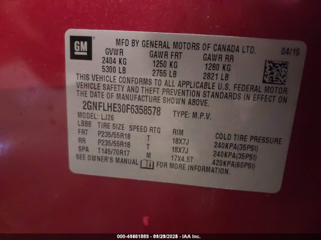 Chevrolet lfx - sidi, vvt, e85 max, alum 2015 2GNFLHE30F6358578 Image 9