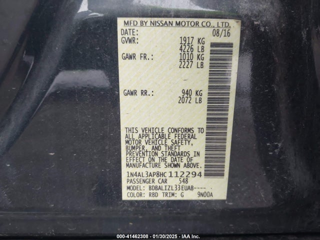 1N4AL3AP8HC112294 Nissan Altima 2.5/2.5 S/2.5 Sl/2.5 Sr/2.5 Sv