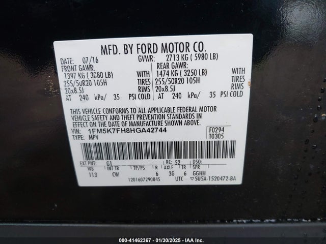 1FM5K7FH8HGA42744 Ford Explorer Limited