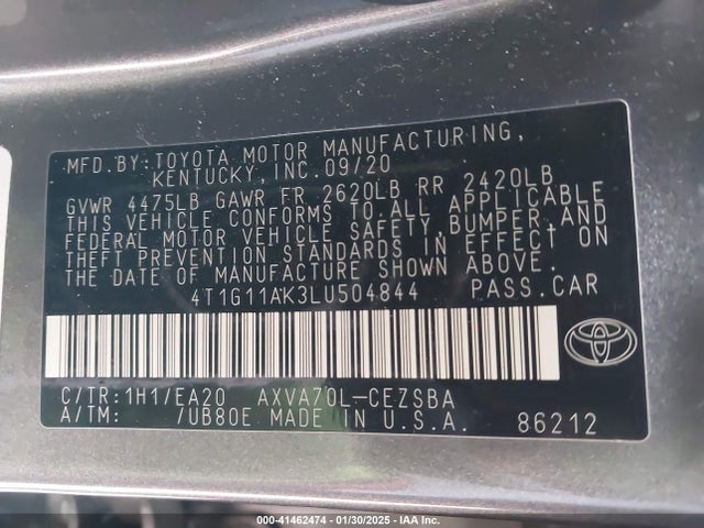 Toyota CAMRY SE 2020 4T1G11AK3LU504844 Image 9