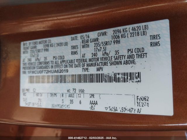 1FMCU0F72HUA62019 Ford ESCAPE S