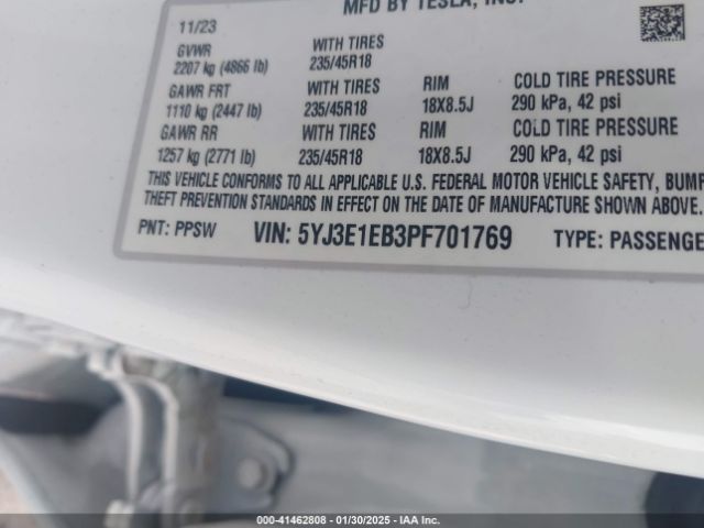 5YJ3E1EB3PF701769 Tesla Model 3 Long Range Dual Motor All-wheel Drive