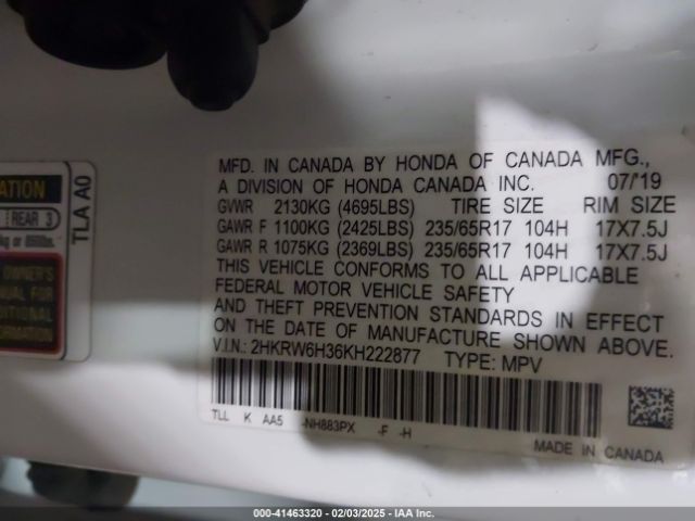 2HKRW6H36KH222877 Honda CR-V LX
