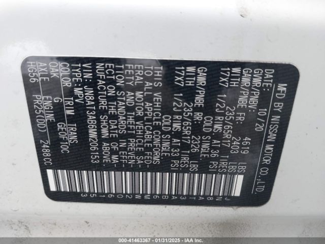 JN8AT3AB6MW206153 Nissan Rogue S Intelligent Awd