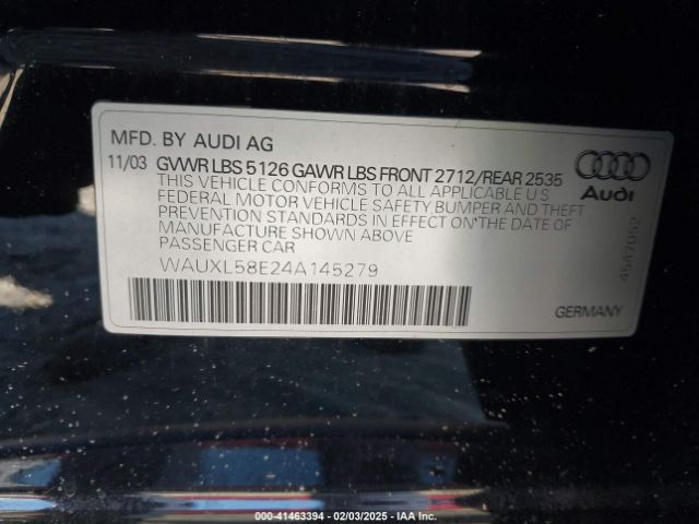 2004 AUDI S4 WAUXL58E24A145279 Photo 8