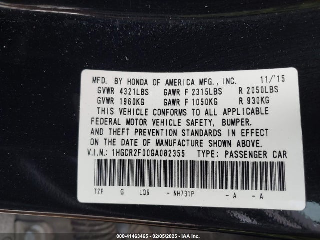 Honda ACCORD EX 2016 1HGCR2F00GA082355 Image 9